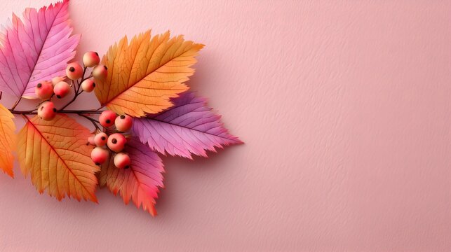 Autumn Leaves and Berries on Pink Background