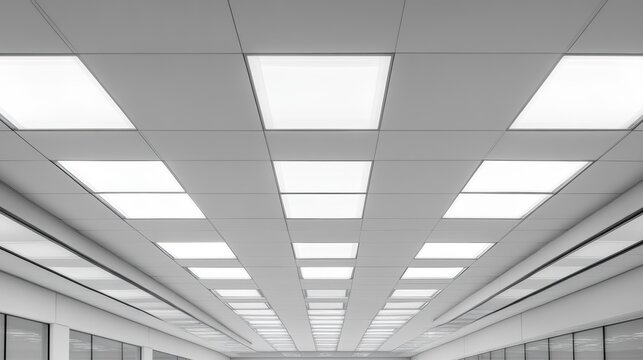 Modern ceiling with bright square LED light panels in a hallway.