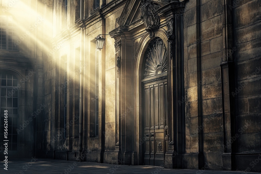 Poster facade of an old architectural building illuminated by rays of sunlight in an urban setting, facade 