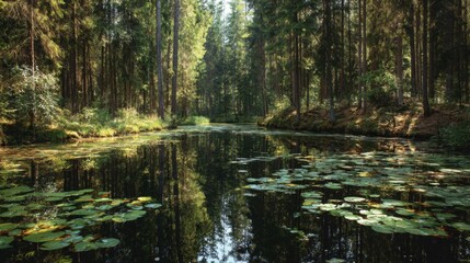 Forest Canal with Water Lilies and Sunlight Reflections