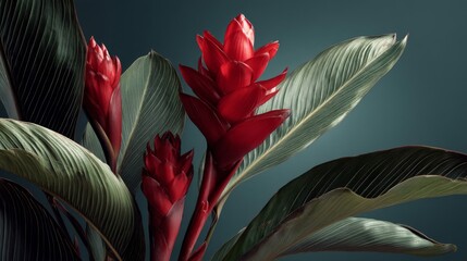 Red Ginger Flower Closeup with Dark Green Leaves