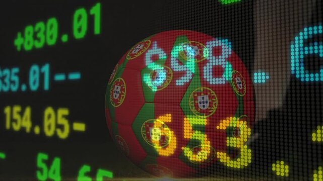Digital ticker appearing triggers rotating Portugal-flag ball while scrolling financial values