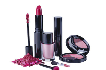 Pink cosmetic set with lipstick brushes blush and powder