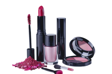 Pink cosmetic set with lipstick brushes blush and powder