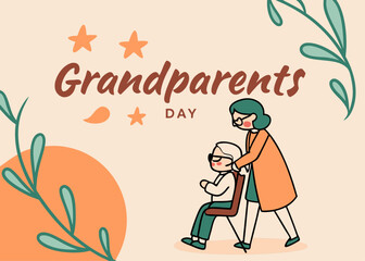 Grandparents Day Illustration with Grandchild Helping Grandparent in Warm Colors