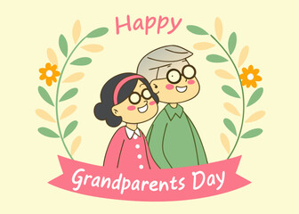 Happy Grandparents Day Cartoon Illustration with Elderly Couple and Floral Wreath