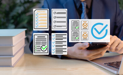 Businessman taking online test and filling out survey questionnaire, checking lists, selecting...