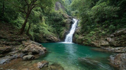 Fototapeta premium Lush Tropical Waterfall in Emerald Pool