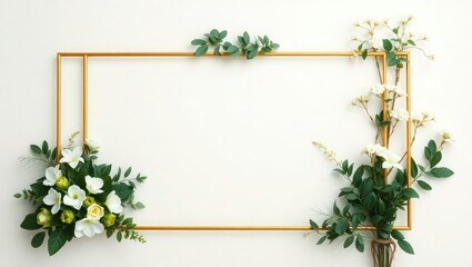 Golden rectangle frame adorned with white flowers and green leaves against a white background.