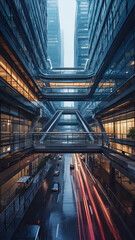 Modern architecture reflects innovation and urban evolution under dim lighting in a bustling metropolitan area with rain-slicked streets and vibrant reflections