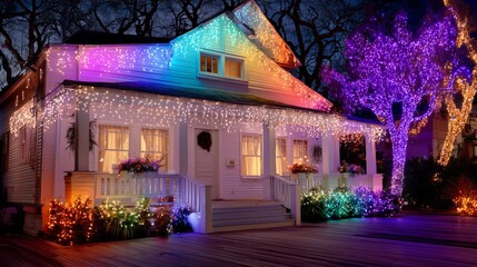 Festive House Decorated with Multicolored Christmas Lights at Night in a Residential Area