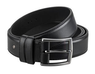  Folded Black Leather Belt with Elegant Silver Buckle, isolated on transparent background.