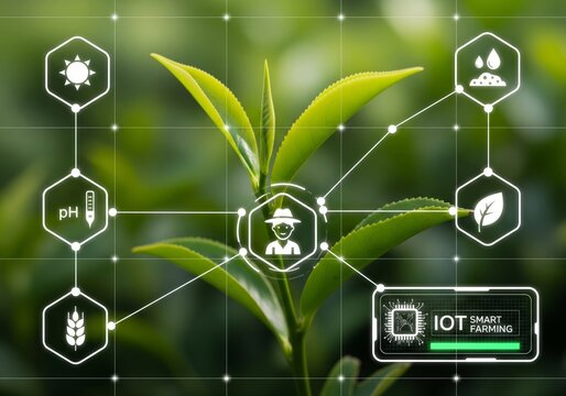 Futuristic Smart Farming Interface with Augmented Reality Icons over Tea Leaf – Precision Agriculture Technology