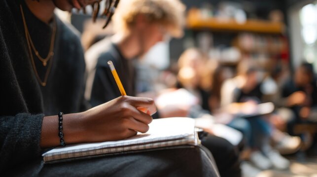 Person Writing in Notebook During Class