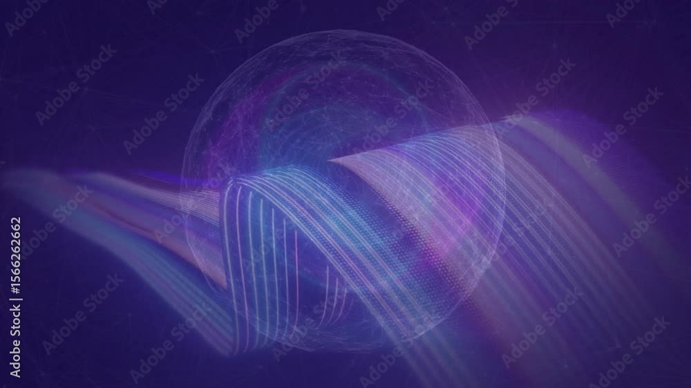 Poster iridescent light ribbon flowing from left edge looping around translucent sphere highlighting core