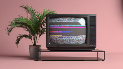 Vintage television displays static while a plant sits beside it, representing nostalgia and disconnection in modern life