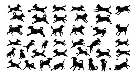 Obraz premium Energetic Dog Silhouettes – Vector Collection of Various Breeds in Playful Poses, Running, Jumping, and Sitting for Pet, Animal, and Lifestyle Designs
