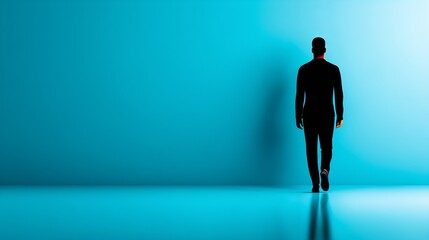 Obraz premium Abstract Pixelated Figure in Dark Suit Walks Away on Gradient Blue Background Bright Light