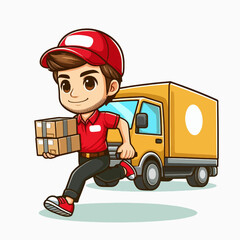 Cartoon image of a person in a red uniform running and holding boxes,  with a yellow delivery truck behind them.