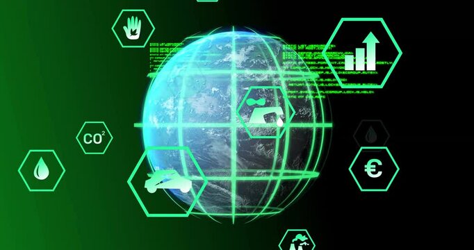 On launch 3D Earth globe rotating leftward causing hexagonal icons morphing and displaying eco data - Powered by Adobe