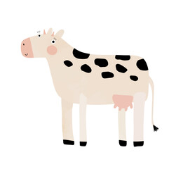 Cute White Caw With Black Spots. Funny Print With Big Happy Cattle. Childish Drawing-like Vector Illustration Of Happy Calf On A White Background. Kids Room Decoration. Farm Animal. 