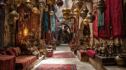 Sunlit Middle Eastern Market Street with Brass Lamps and Carpets