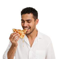 Joyful guy enjoying a slice of pepperoni pizza with melted cheese showcasing happy eating with transparent background for flexible design usage.