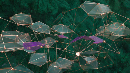 Dynamic interconnected structure representing innovation and technology in a lush green environment simulating a network or ecosystem