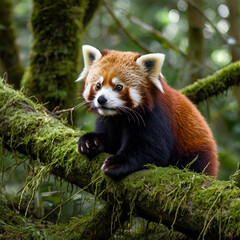 Obraz premium Red Panda Nestled on Mossy Tree Limb in a Tranquil Forest Scene