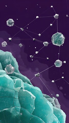 Visualization of interconnected crystal structures floating in a cosmic realm expressing the beauty of nature and science