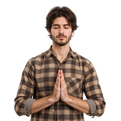 A serene man with closed eyes meditates in a plaid shirt against a transparent background, conveying peace, contemplation and inner calm for wellness concepts.