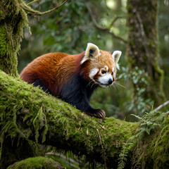 Fototapeta premium Red Panda Nestled on Mossy Tree Limb in a Tranquil Forest Scene