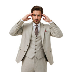 Attractive man in a stylish beige suit is holding his head with his hands against a transparent backdrop showcasing elegance and stress, transparent background