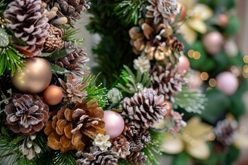Close up of a festive christmas wreath adorned with frosted pine cones, pink and gold baubles, and delicate white flowers