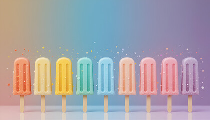 Colorful pastel popsicle lineup with various textures, sprinkles, and whipped cream details on gradient pink to blue background — vibrant summer dessert collection with playful candy explosion.
