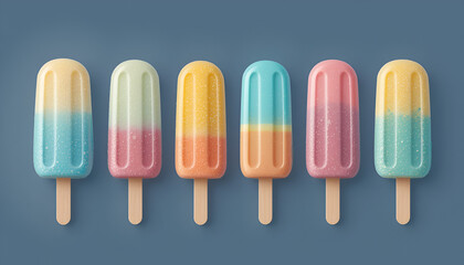 Colorful pastel popsicle lineup with various textures, sprinkles, and whipped cream details on gradient pink to blue background — vibrant summer dessert collection with playful candy explosion.
