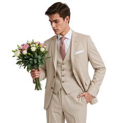 Elegant man in a suit holds a bouquet of roses, dressed in stylish formal wear with a classic aesthetic, suitable for fashion or lifestyle projects, transparent background
