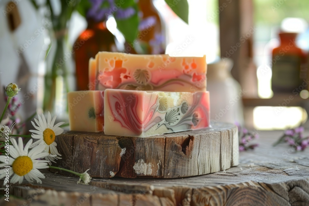 Poster three bars of colorful handmade soap sit on a rustic wooden stand, surrounded by daisies and bottles