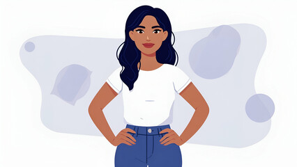 Confident woman standing with hands on hips against a soft abstract background, representing empowerment and self-assurance in a modern setting