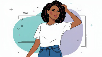 Young woman with curly hair styled in a casual outfit showcasing confidence against an abstract background