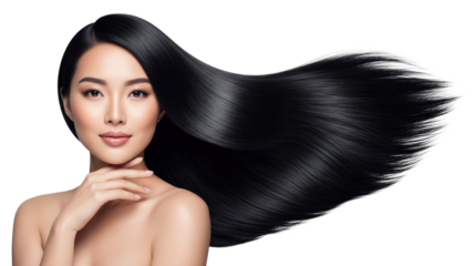 Beautiful young Asian woman with long sleek black hair flowing.