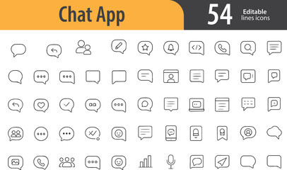 Chat App Line Icons, Chat Bubble, Typing Dots, Voice Note, Send Arrow, Contact List, Editable Formats: AI, EPS, PNG, JPG, Ideal for Both Digital and Print Use
