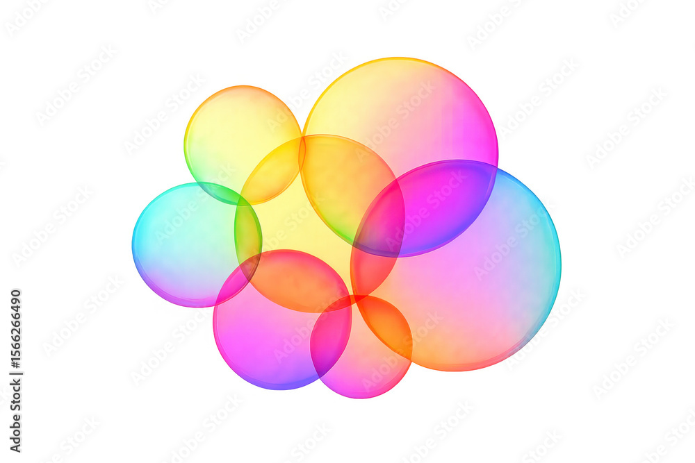 Poster colorful translucent bubbles overlapping, generating playful light reflections against transparent b