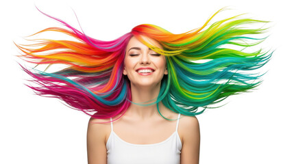 Young woman with vibrant rainbow hair blowing and smiling with closed eyes.