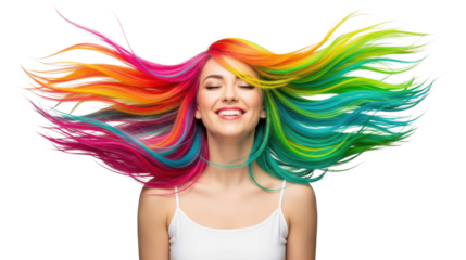Young woman with vibrant rainbow hair blowing and smiling with closed eyes.