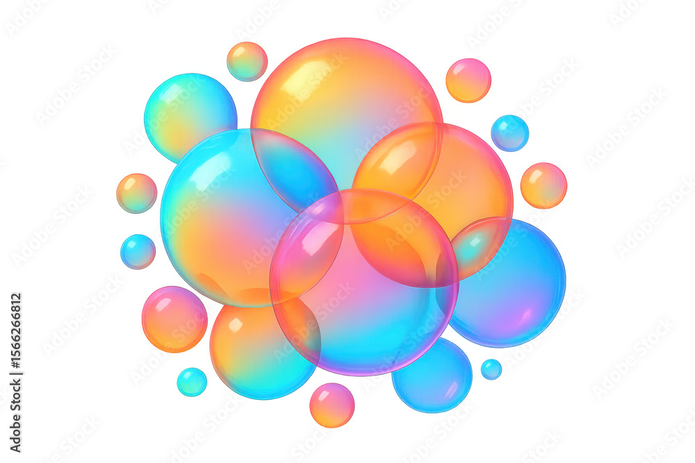 Poster cluster of iridescent soap bubbles floating, creating a vibrant and playful atmosphere on a transpar