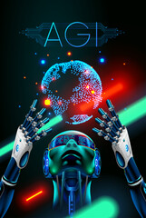 A robot or cyborg with AI holds a projection of the Earth in his hands above his head. Artificial general intelligence or AGI. A wise superintelligence takes care of the Earth. Concept banner.