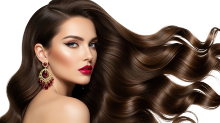 Elegant woman with long brown wavy hair and bold red lipstick looking sideways.