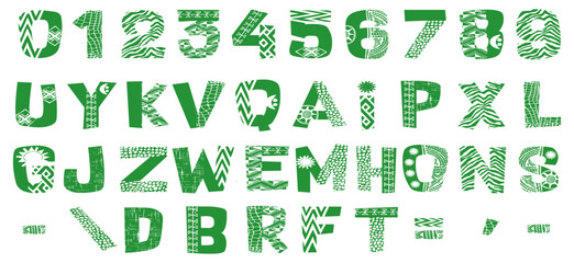 Decorative Alphabet Font Set with Textured Patterns, Numbers and Symbols – Colorful Typography Vector Design for Creative Projects and Print