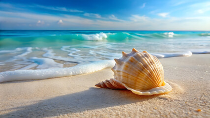 Obraz premium Photo of a large seashell rests on a sandy beach near a gentle ocean wave